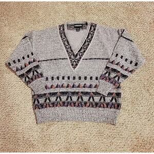 VTG Expressions International Sweater Mens L MultiColor V Neck Geometric 90s Y2K